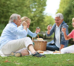 Photograph of two happy couples picnicking and holding up full wine glasses